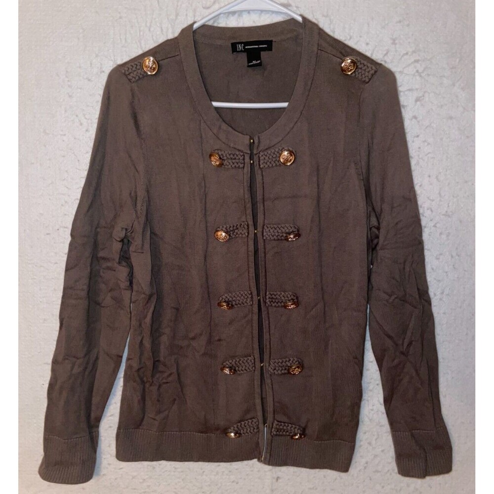 Inc. International Concepts Women's M Button Up Military Green Knit Jacket Gold